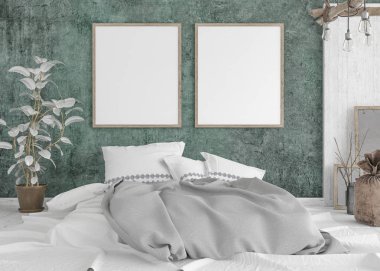 Mock-up poster eski püskü yatak odası iç, 3d render