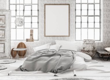 Mock-up poster içinde eski püskü iç geçmiş, İskandinav tarzı, 3d render