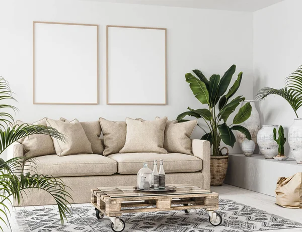 Finto Telaio Sullo Sfondo Interno Stile Scandi Boho Rendering — Foto Stock