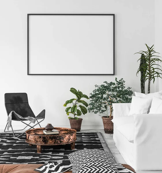 Mock-up poster çerçevesi içinde oturma odası geçmiş, SCANDI-Boho stil, 3d render