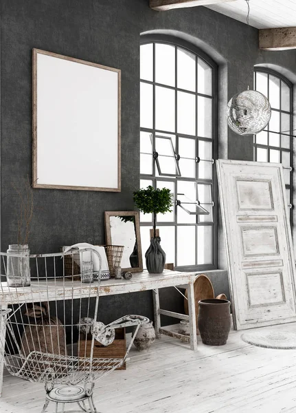 Mock Poster Frame Old Shabby Interior Background Scandinavian Style Render — Stock Photo, Image