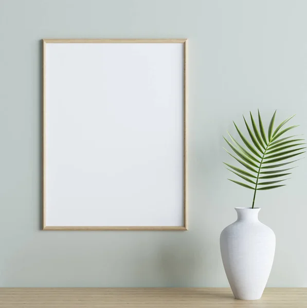 Mock Quadro Cartaz Com Planta Vaso Prateleira Fundo Interior Renderização — Fotografia de Stock