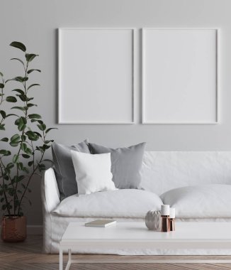 Poster çerçeve iç arka plan, İskandinav tarzı oturma odasında, 3d render kadar iki sahte