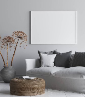Poster çerçevesi iç arka plan, SCANDI-Boho tarzı oturma odasında, 3d render kadar alay