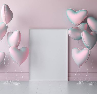 Poster pastel balonlar, 3d render ile iç arka plan dalga