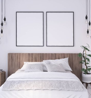 Mock-up poster çerçevesi içinde rustik yatak odası iç geçmiş, 3d render