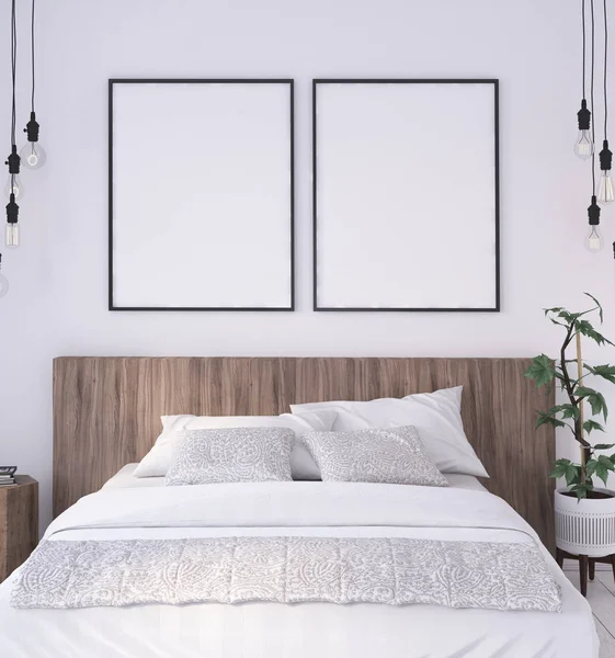 Mock Poster Frame Kamar Tidur Pedesaan Interior Latar Belakang Render — Stok Foto