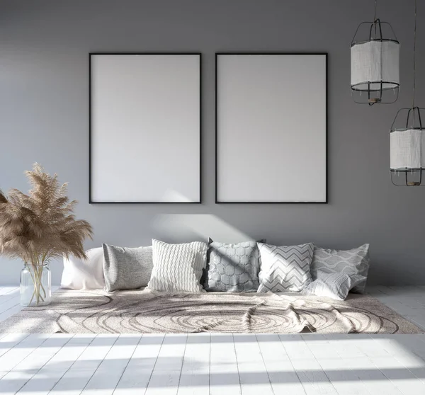 模拟海报框架在家庭内部背景 斯堪的纳维亚波希米亚风格的客厅在阁楼 — 图库照片