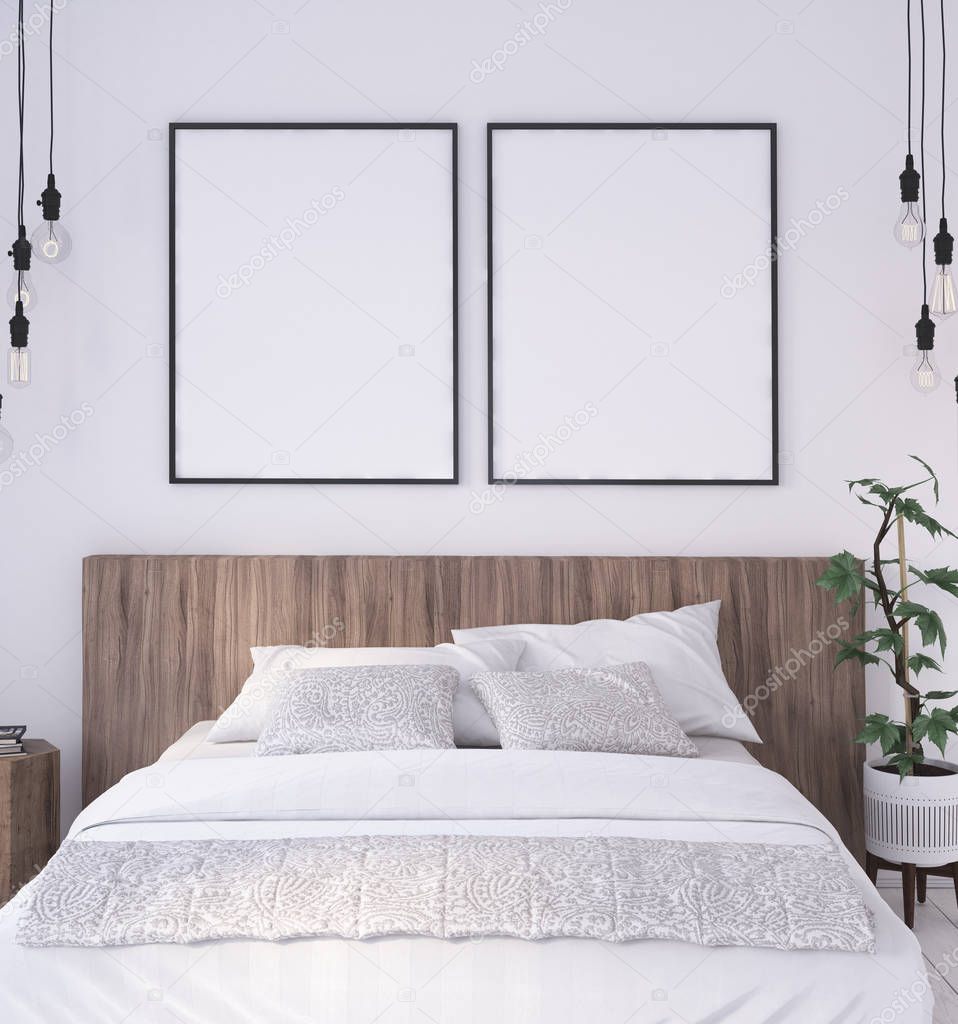 Mock-up poster frame in rustic bedroom interior background, 3d render