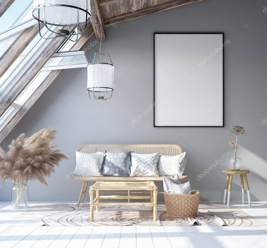 Mock up poster frame in home interior background, Scandinavian Bohemian style living room in attic, 3D render