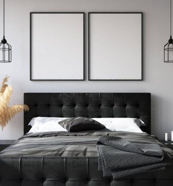 Yatak odası iç poster mockup, modern tarzı, 3d render ile