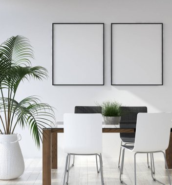 Mockup poster hipster oturma odası iç, İskandinav tarzı, 3d render