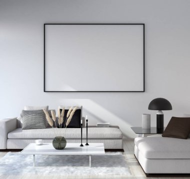 Poster çerçevesini ev içi arka plan, modern tarz oturma odası, 3 boyutlu görüntüleme
