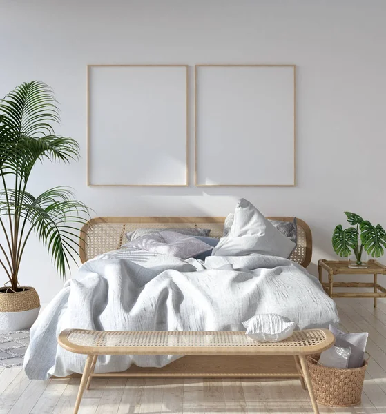 Mock-up poster çerçevesi İskandinav yatak, Bohem tarzı, 3d render