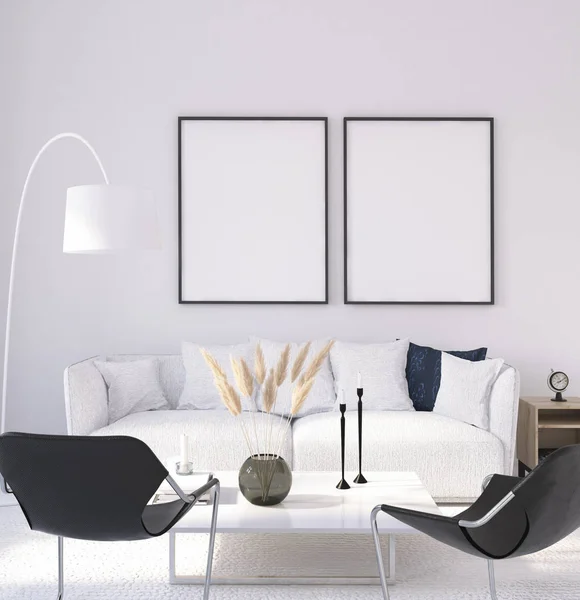 Mock Poster Frame Home Interior Background Scandinavian Style Living Room — Stock Photo, Image