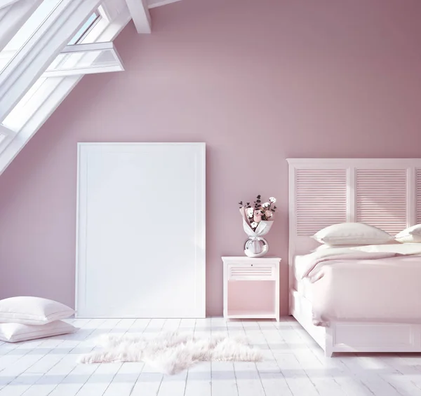 Mock Poster Frame Interior Kamar Tidur Merah Muda Render — Stok Foto