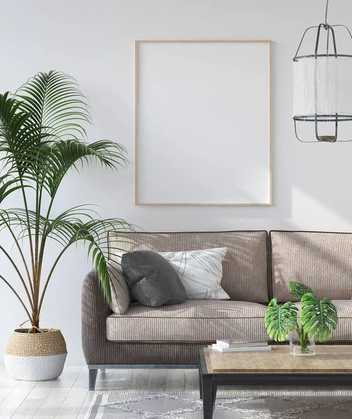 Mockup poster hipster oturma odası iç, İskandinav tarzı, 3d render