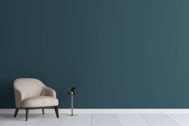 Modern oturma odası arka planda, 3d render alay etmek yukarıya duvar