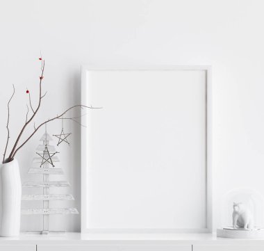 Poster çerçevesi Noel dekorasyonu ev iç, İskandinav tarzı, 3d render ile alay