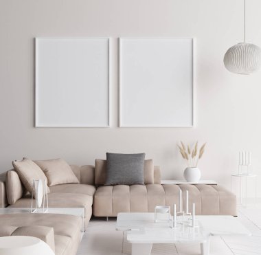 Poster çerçevesi içinde modern ev iç alay. İskandinav tarzı. 3D render