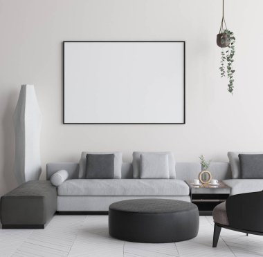 Poster çerçevesi içinde modern ev iç alay. İskandinav tarzı. 3D render