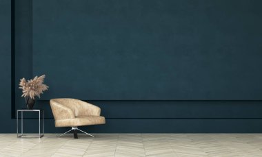 Modern koyu yeşil salon iç, cephe, 3d render sahte
