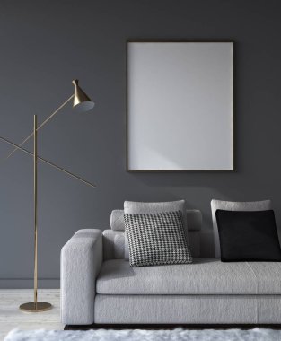 Mockup poster çerçevesi içinde karanlık oturma odası iç geçmiş, 3d render