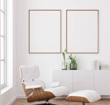 Mockup poster frame in white living room interior background, Scandinavian style, 3d render clipart