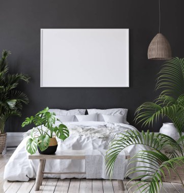 Mock-up poster çerçevesi koyu yatak, İskandinav tarzı, 3d render