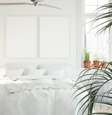 Yatak odasında, İskandinav tarzı, 3 boyutlu bir poster çerçevesi.