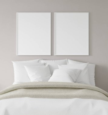 Yatak odasında, İskandinav tarzı, 3 boyutlu bir poster çerçevesi.