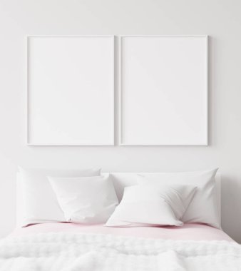 Yatak odasında, İskandinav tarzı, 3 boyutlu bir poster çerçevesi.