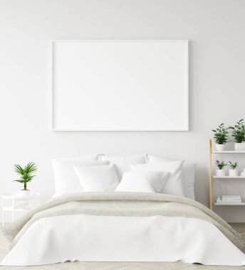 Yatak odasında, İskandinav tarzı, 3 boyutlu bir poster çerçevesi.