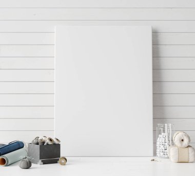 Poster atelier Studio kadar alay, çeşitli dikiş öğeleri ve kumaşlar, 3d render ile tablo portre tuval