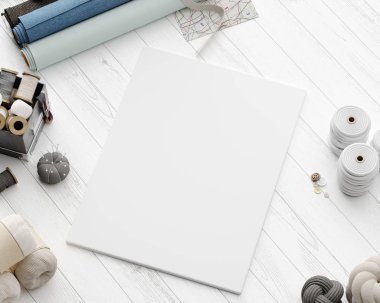 Poster atelier Studio kadar alay, çeşitli dikiş öğeleri ve kumaşlar, 3d render ile tablo portre tuval