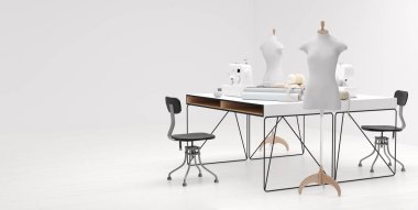 Parlak atelier stüdyo ile çeşitli dikiş öğeleri, kumaşlar ve ayakta, 3d render mankenler