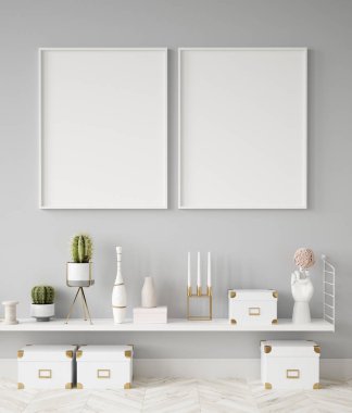 Poster çerçeve closeup iç arka plan, İskandinav tarzı, 3d render kadar alay