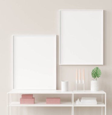 Poster çerçeve closeup iç arka plan, İskandinav tarzı, 3d render kadar alay