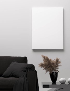 Modern ev iç, tuval, 3d render kadar sahte