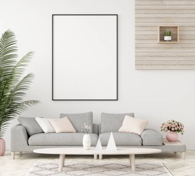 Mock-up çerçeve iç arka planda, İskandinav tarzı, 3d render