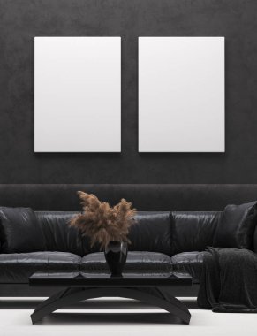 Modern ev iç, tuval, 3d render kadar sahte