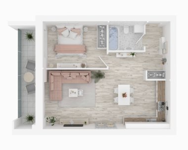 bir ev, 3D kat planı 3d çizim. Açık kavramı oturma daire düzeni