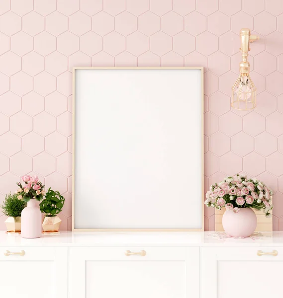 Mock Upp Affischram Pastell Rosa Kök Interiör Render — Stockfoto