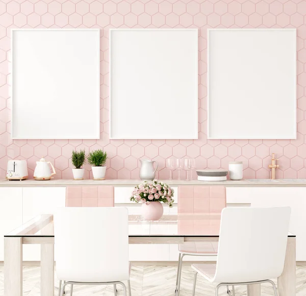 Mock Quadro Cartaz Interior Cozinha Rosa Pastel Renderização — Fotografia de Stock
