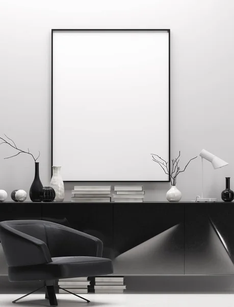 Moderní Domácí Interiér Černé Bílé Barvy Vysmívat Plakát Rám Vykreslení — Stock fotografie