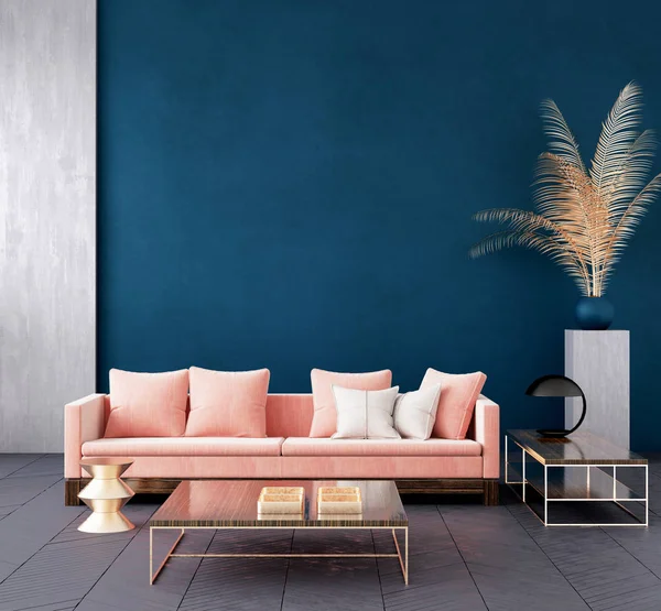 Intérieur Moderne Salon Bleu Foncé Avec Canapé Couleur Rose Décor — Photo