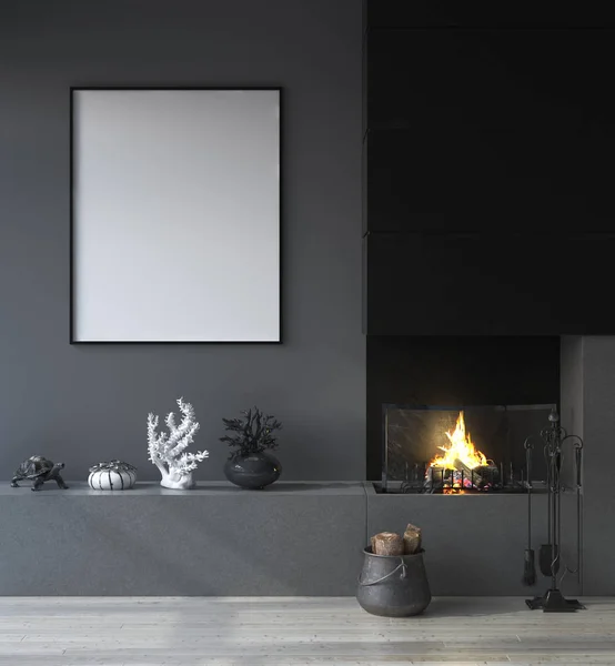 Mock up poster frame in dark interior background with fireplace, 3d render