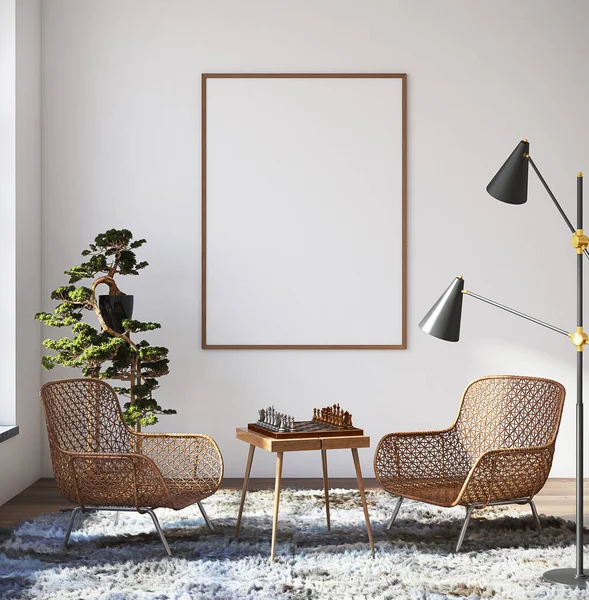 Mockup poster hipster oturma odası iç, 3d render