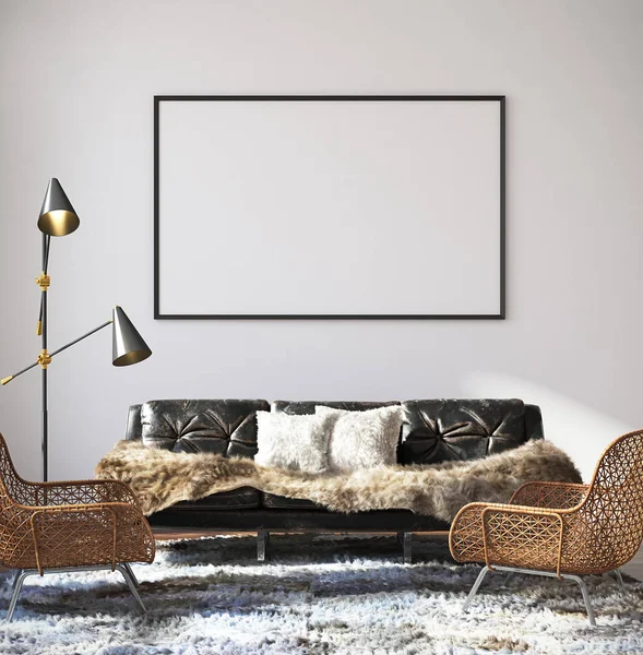 Mockup Poster Hipster Living Room Interior Render — Stock Photo, Image
