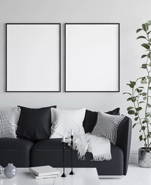 Mockup Poster Living Room Interior Scandinavian Style Render — Stock Photo, Image